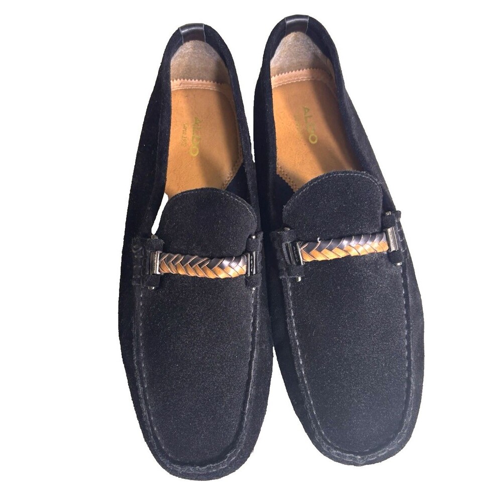 Aldo Size 10.5 Mens Suede Black Leather Braided Loafer Slide On Shoes - EUC
